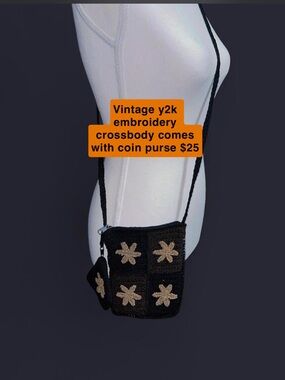 Vintage Y2K Black Embroidered Crossbody Bag with Coin Purse